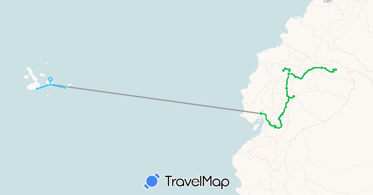 TravelMap itinerary: driving, bus, plane, boat in Ecuador (South America)